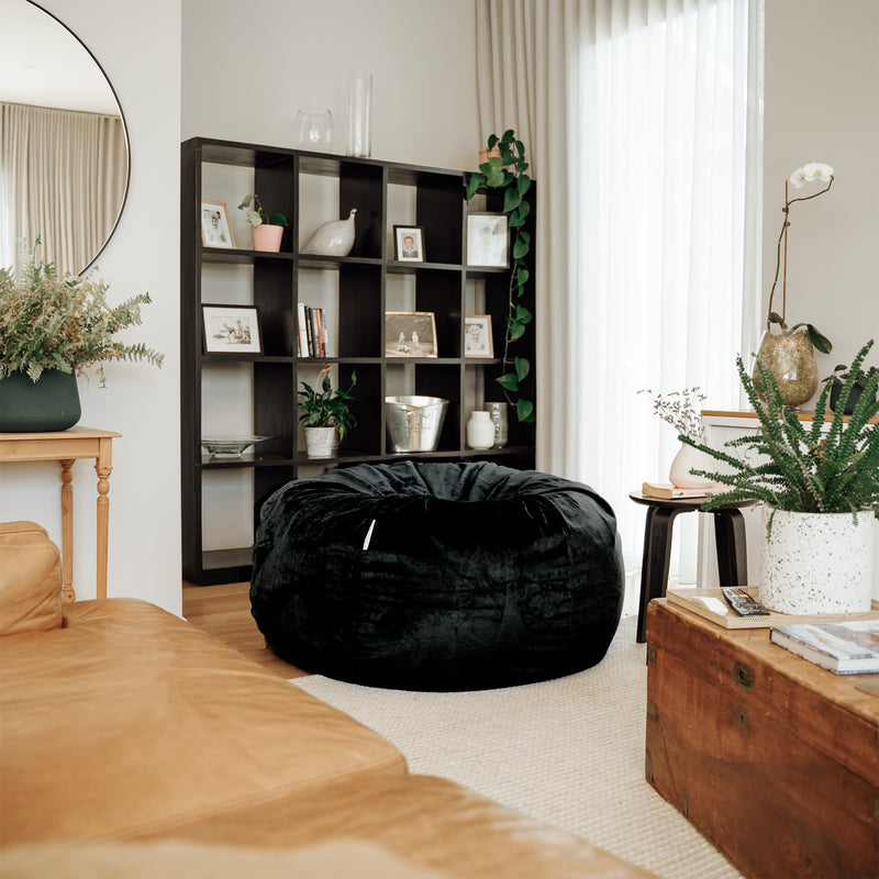 Midnight Opulence soft velvet beanbag in black, a lavish and comfortable seating option exuding elegance and sophistication, perfect for luxurious relaxation and enhancing interior decor.