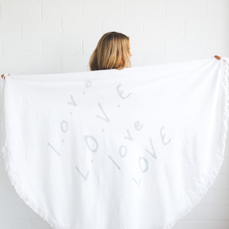 Round Beach Towel with 'Love' in Light Grey Script Font, Adding a Touch of Romance to Your Beach Da