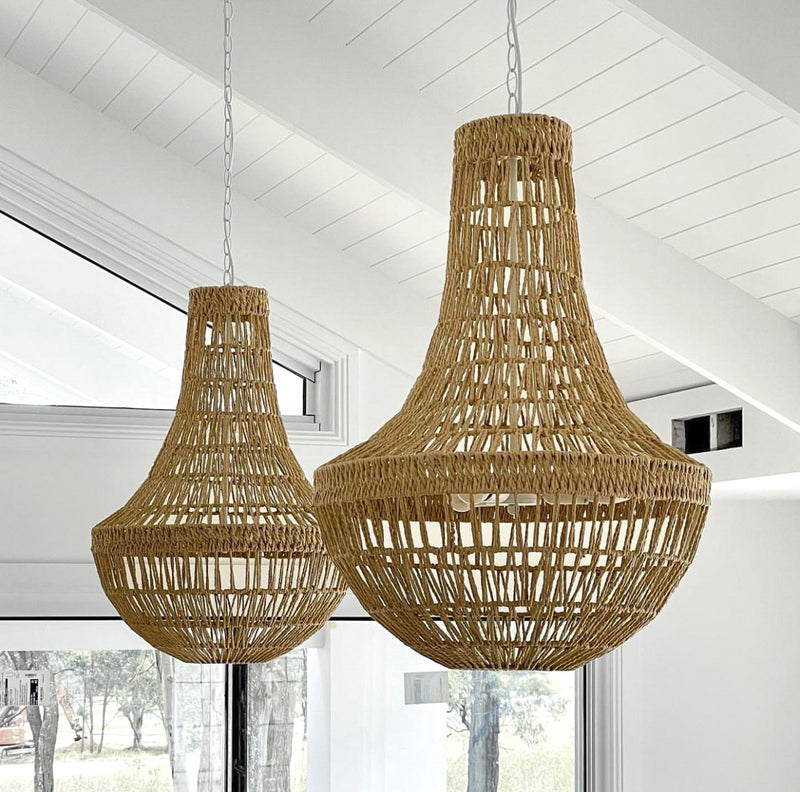 large natural rope pendant lights with shiplap ceiling