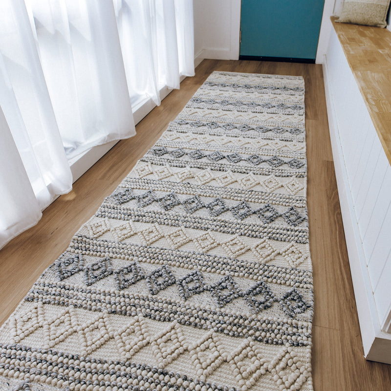 Hand-Woven Large Floor Rug in Calming Blue and White Tones