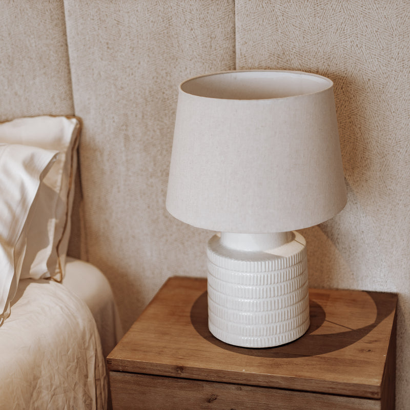 Quinn ceramic ribbed table lamp styled.
