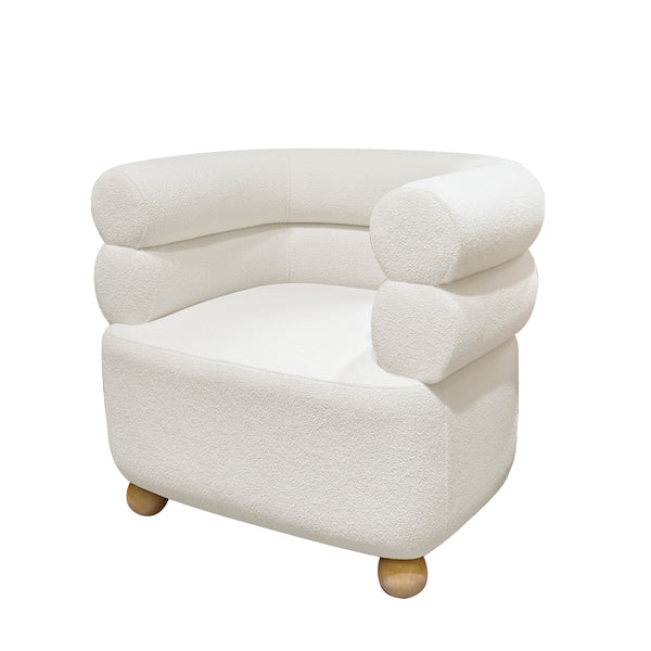 Chic white boucle fabric armchair, embodying modern elegance and cozy sophistication.