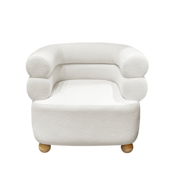 Chic white boucle fabric armchair, embodying modern elegance and cozy sophistication.