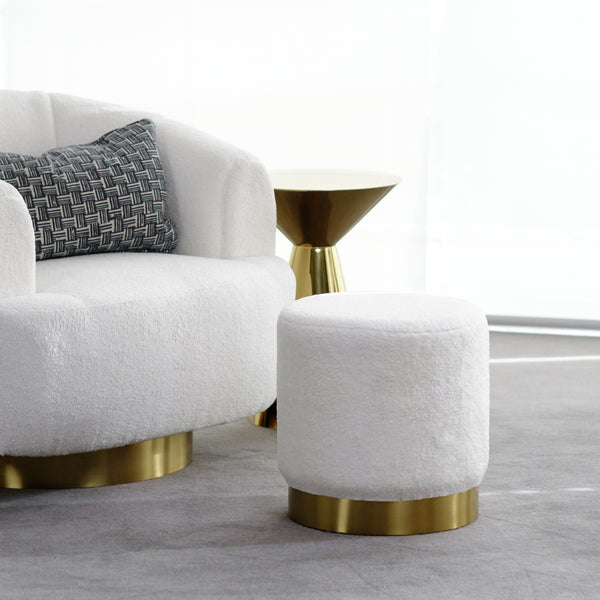 french white teddy fabric ottoman with gold legs