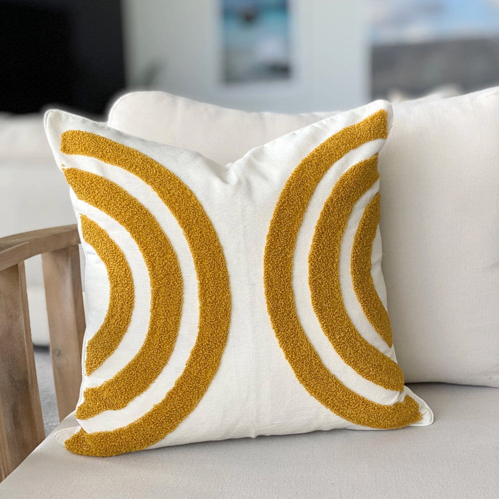 Vibrant Mustard and Natural Tufted Cotton Cushion by Ivory & Deene  Edit alt text