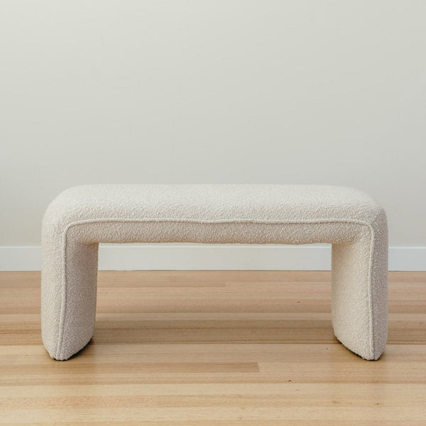 Modern white boucle teddy fabric bench seat, perfect for adding a plush, sophisticated touch to interiors.