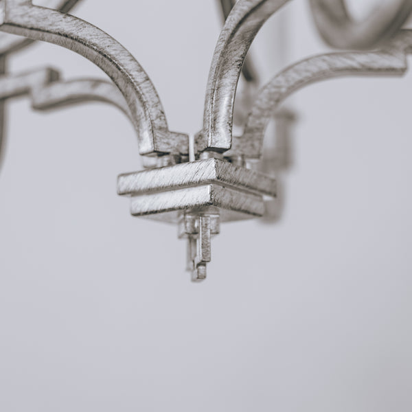 Close up detail of 5 Light Kalani Chandelier in brushed silver.