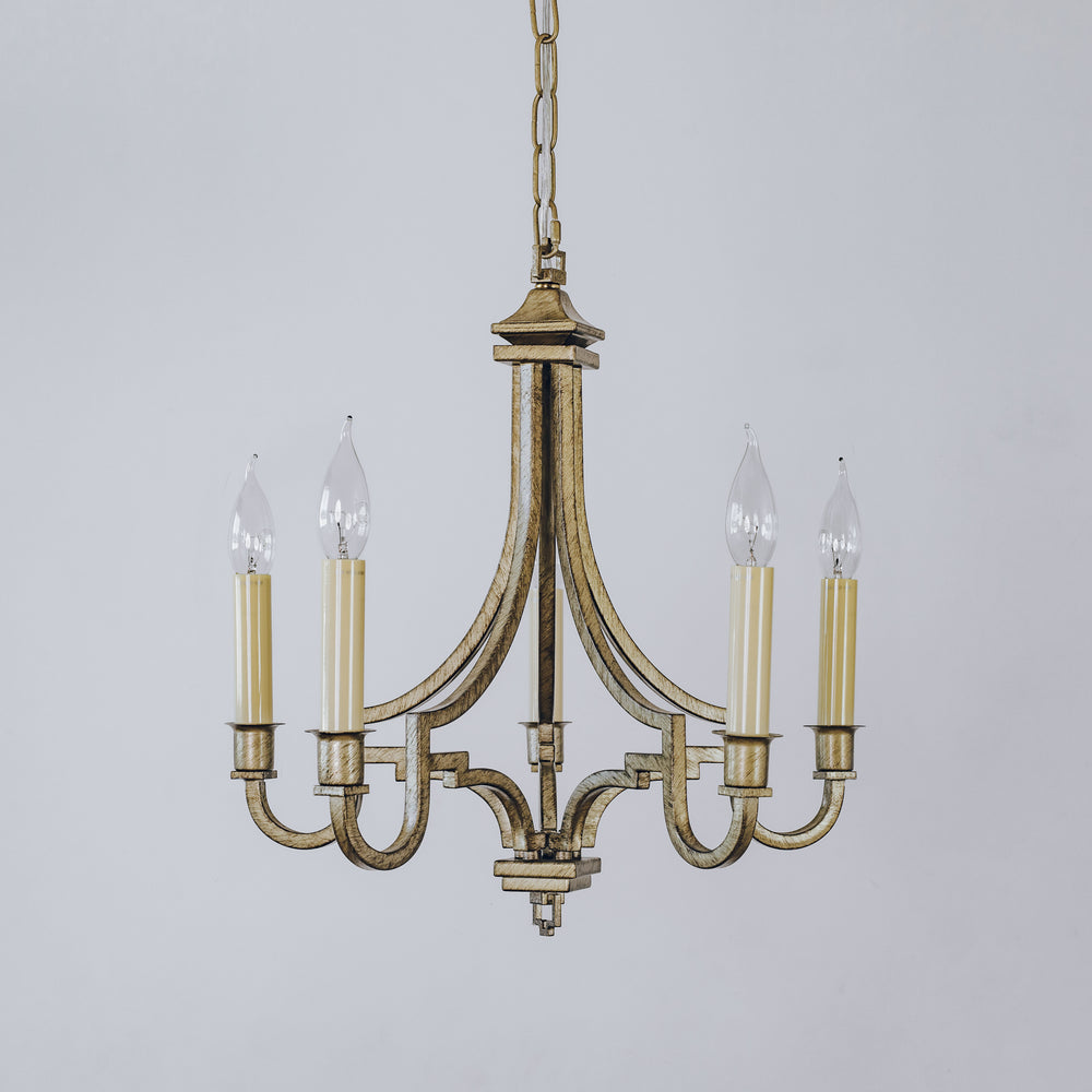 Five Arm modern Kalani chandelier in brushed gold finish. 