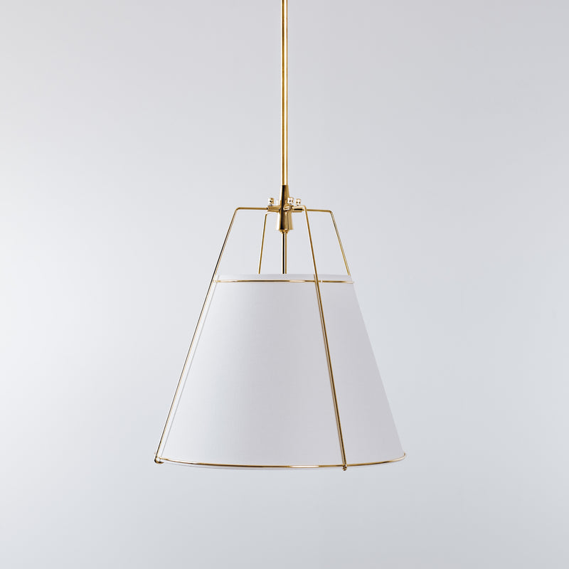white linen drum pendant light with gold hardware