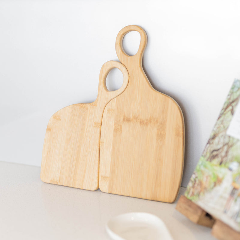 set of romeo and juliet bamboo chopping boards with grab handle
