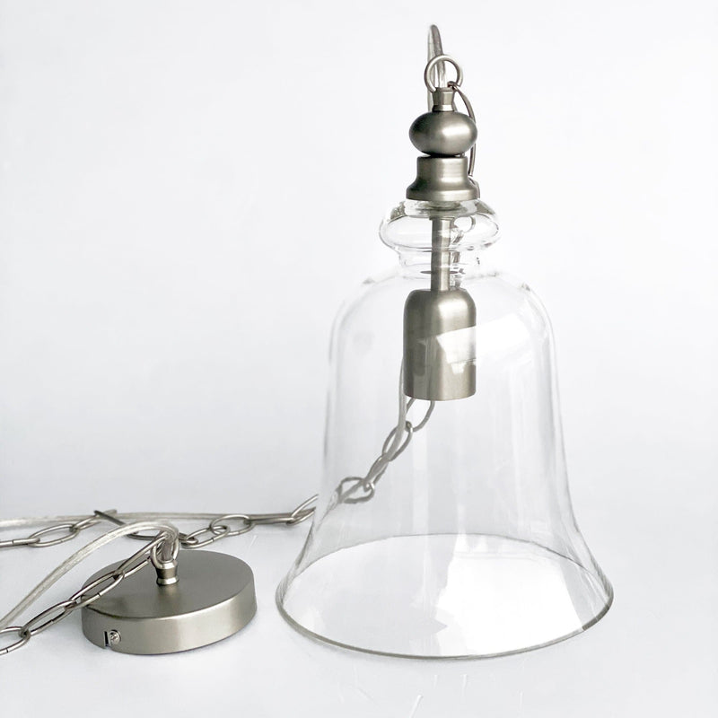 bell shape glass pendant light with matt silver hardware