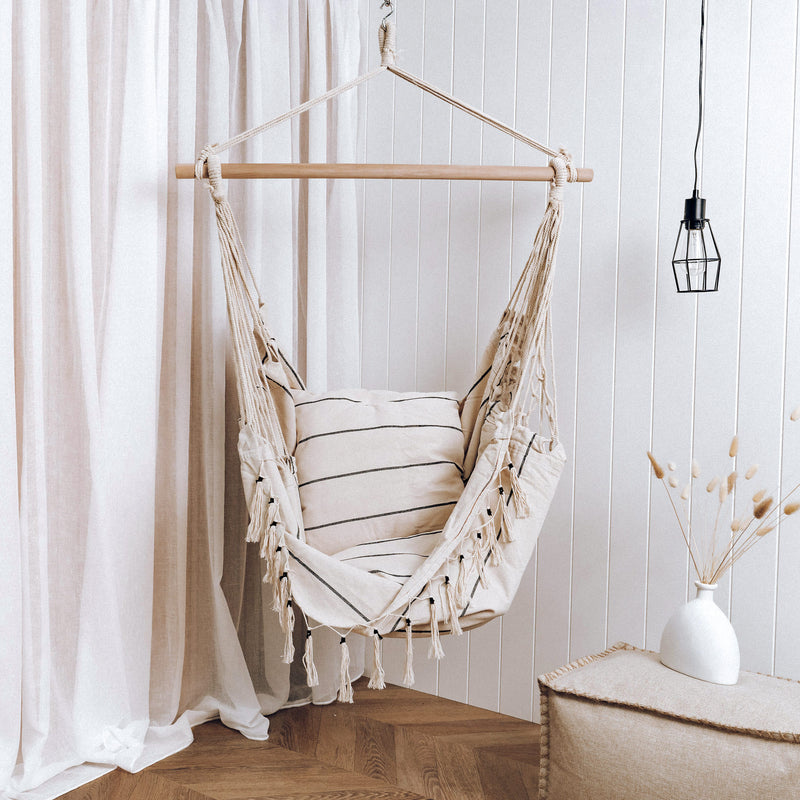 Soho Pinstripe Hanging Hammock Chair with Matching Cushions - Cream