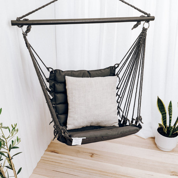 stylish padded hammock chair in charcoal grey closer shot
