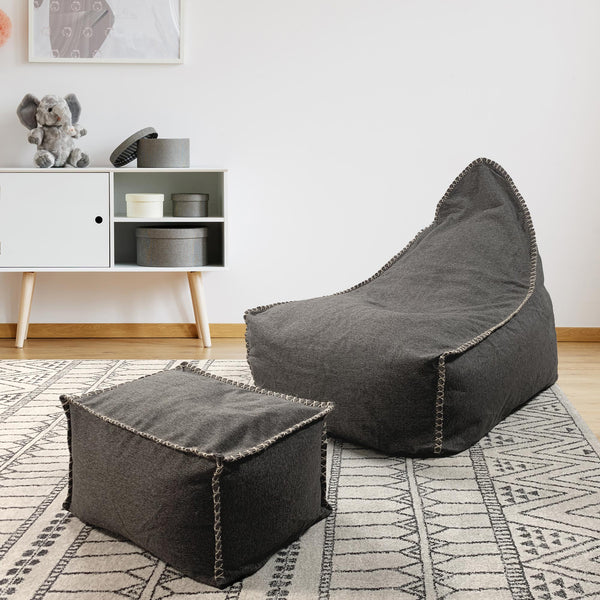 charcoal linen beanbag with ottoman on a modern rug