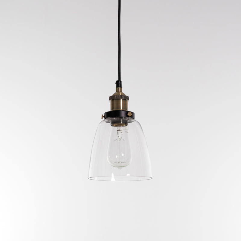 lucy glass pendant light with brass and black fittings
