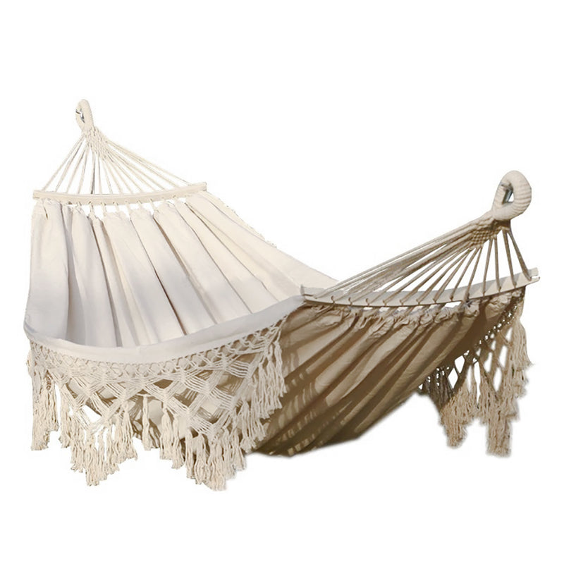 bohemian hammock with wood and fringe detail