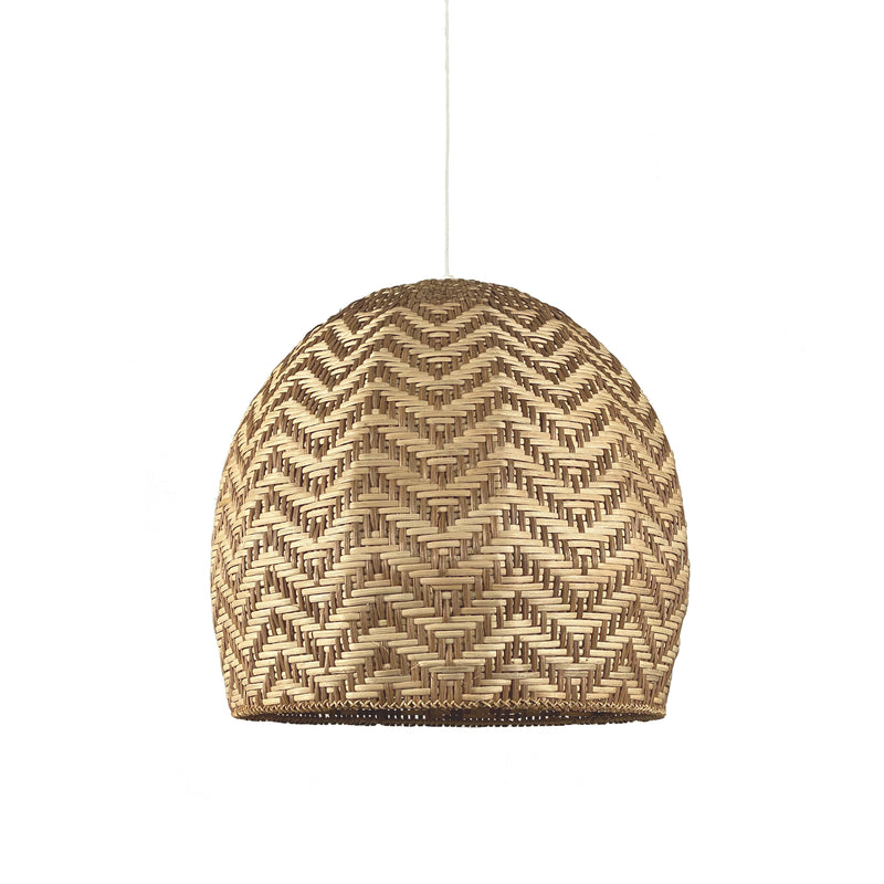 Rattan pendant light in a dome shape, designed to resemble a sunset. This light fixture exudes a Bali-inspired ambiance, with warm, sunset-like hues woven through the natural rattan material, creating a soft and inviting glow.