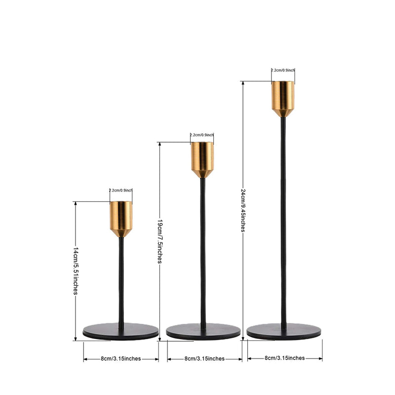 brass and black candlestick set on a white background with measurements
