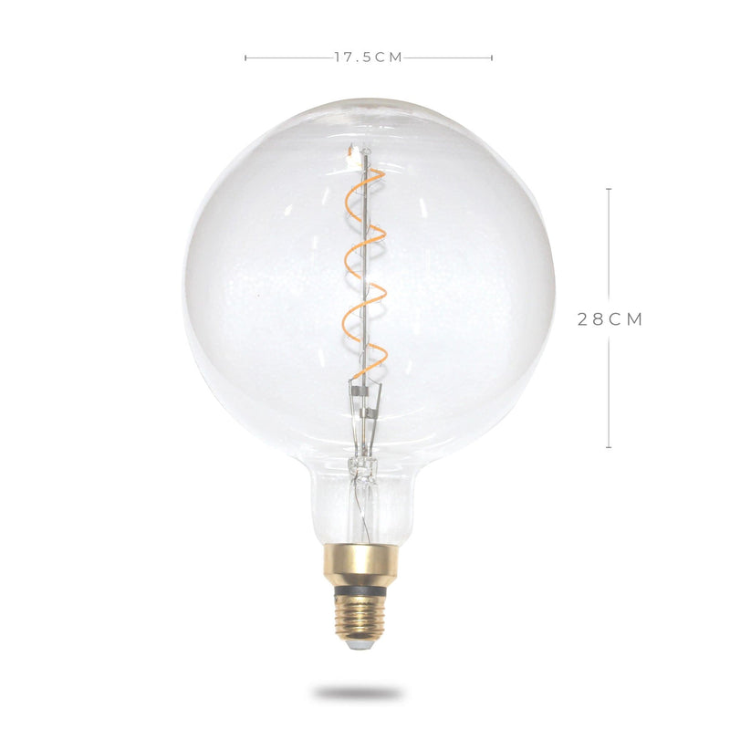 oversize filament globe with single spiral 4w on a white background with size dimensions