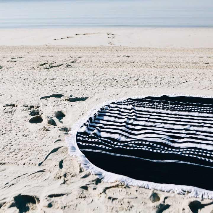 Round Beach Towel with Classic Navy and White Stripes, Perfect for a Timeless Coastal Look