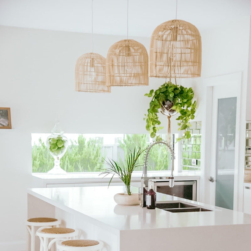 Siena Cane Pendant Light in a modern white kitchen